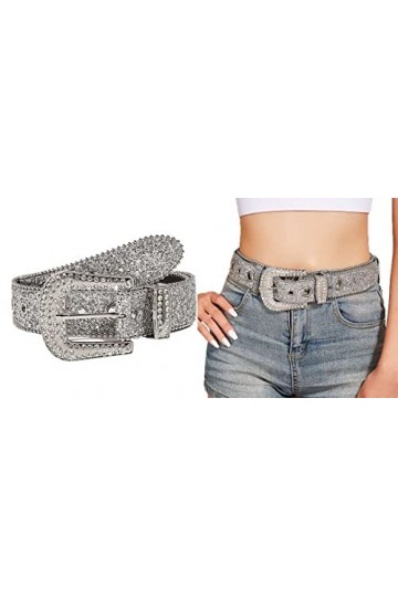 INOGIH Ceinture à strass style cowboy occidental à paillettes de luxe Bling Bling Diamant Cristal clouté Ceintures pour Jeans
