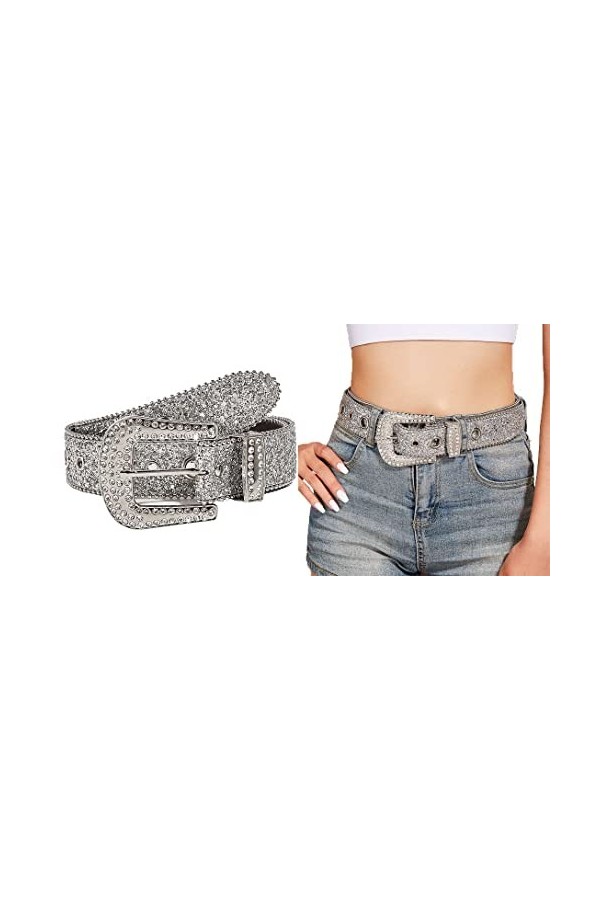 INOGIH Ceinture à strass style cowboy occidental à paillettes de luxe Bling Bling Diamant Cristal clouté Ceintures pour Jeans
