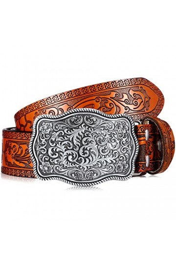 Xuniea Ceinture de CowBoy Occidentale en Cuir Vintage Ceinture à Boucle Florale Gaufrée, Largeur 3,8 cm, Longueur 115 cm Cham