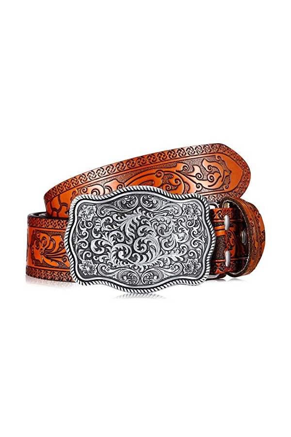 Xuniea Ceinture de CowBoy Occidentale en Cuir Vintage Ceinture à Boucle Florale Gaufrée, Largeur 3,8 cm, Longueur 115 cm Cham
