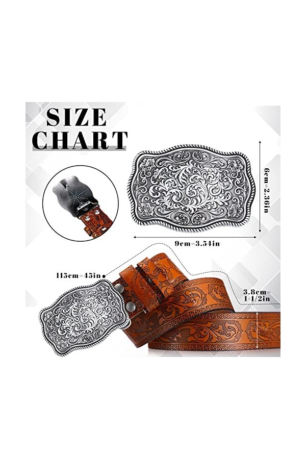 Xuniea Ceinture de CowBoy Occidentale en Cuir Vintage Ceinture à Boucle Florale Gaufrée, Largeur 3,8 cm, Longueur 115 cm Cham