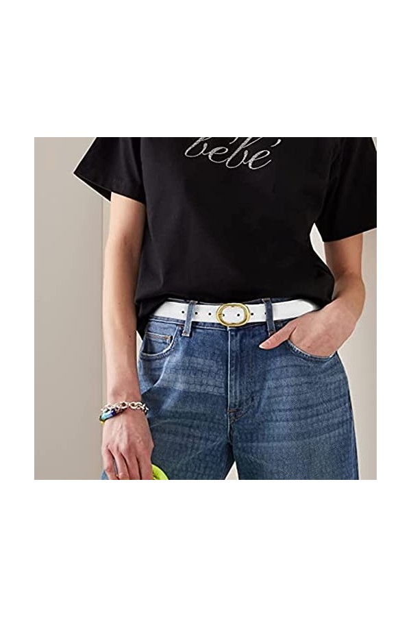 Ceintures en cuir noir CR pour femme, 2,5 cm de largeur pour femme, ceinture noire avec boucle dorée pour pantalon, blanc, La