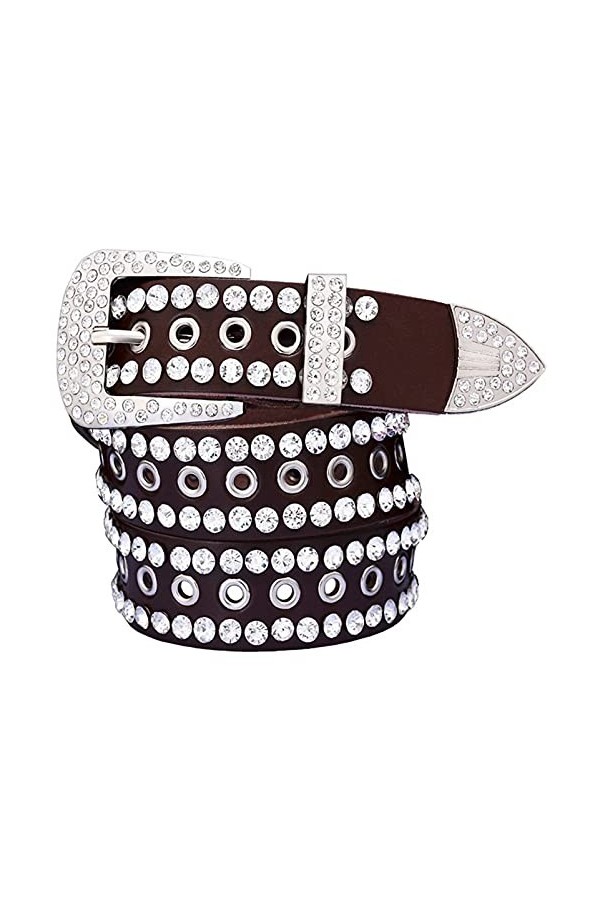 Ceinture en cuir de vache à deux couches avec strass, Ceinture à café 1, 115 cm