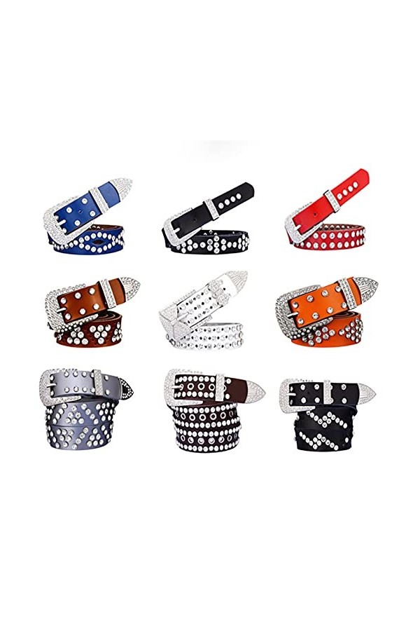 Ceinture en cuir de vache à deux couches avec strass, Ceinture à café 1, 115 cm