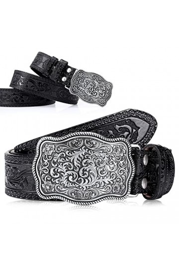 Xuniea Ceinture de CowBoy Occidentale Ceinture en Cuir Vintage Ceinture à Boucle Gravée Florale, 3,8 cm de Largeur Noir, 110