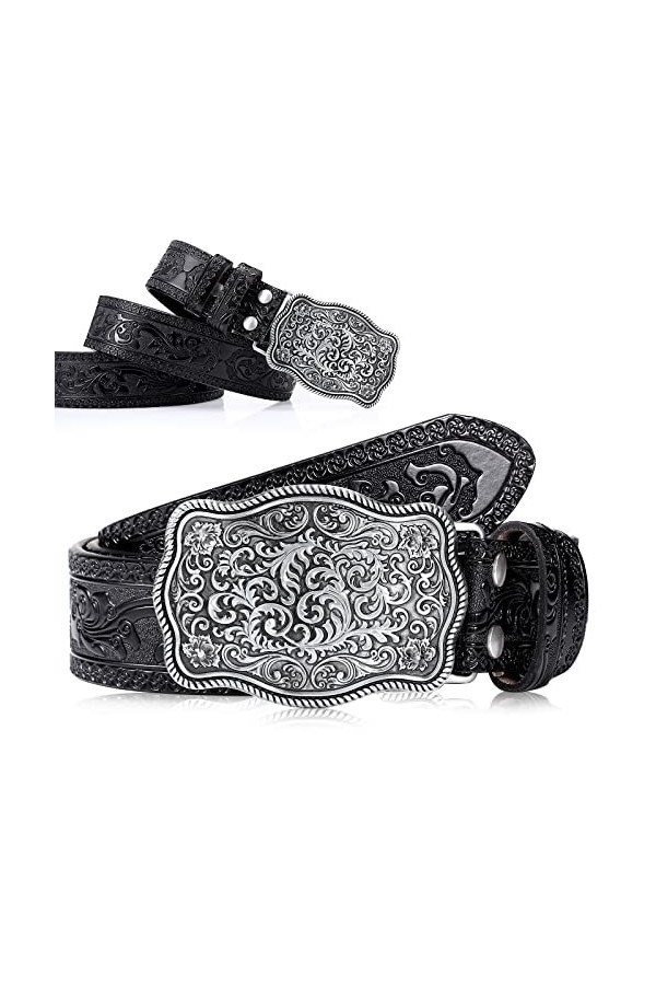 Xuniea Ceinture de CowBoy Occidentale Ceinture en Cuir Vintage Ceinture à Boucle Gravée Florale, 3,8 cm de Largeur Noir, 110