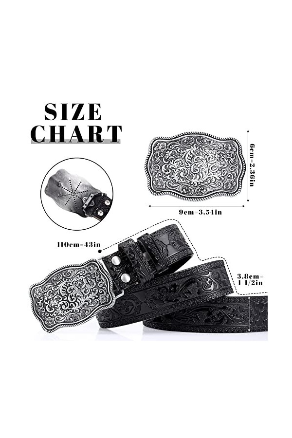 Xuniea Ceinture de CowBoy Occidentale Ceinture en Cuir Vintage Ceinture à Boucle Gravée Florale, 3,8 cm de Largeur Noir, 110