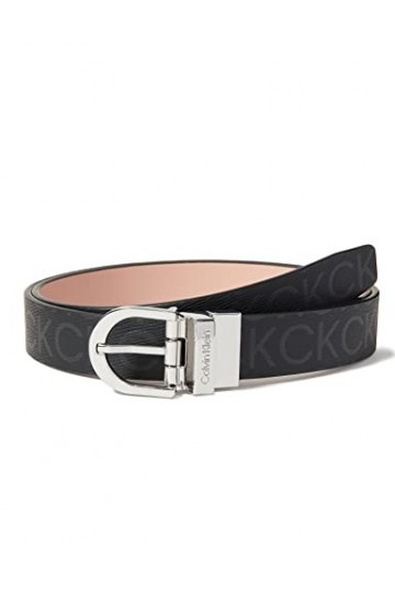 Calvin Klein Ceinture Femme Ck Must Rd Buckle Rev 2.5 cm Belt Ceinture Similicuir, Noir Black Mono/Cafe Au Lait Mono , 90 cm