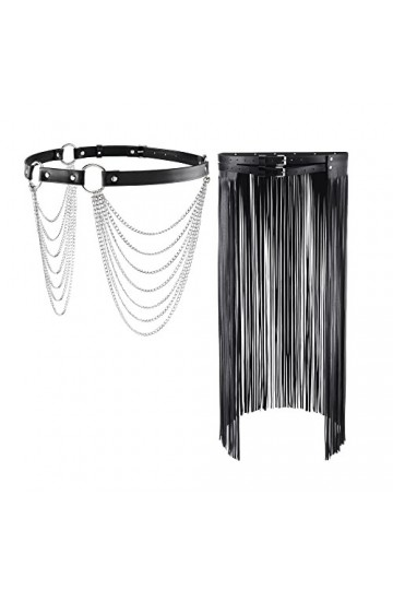 CHIC DIARY Ceinture à franges noire punk longue jupe + ceinture hip-hop avec chaîne gothique pour robe jean