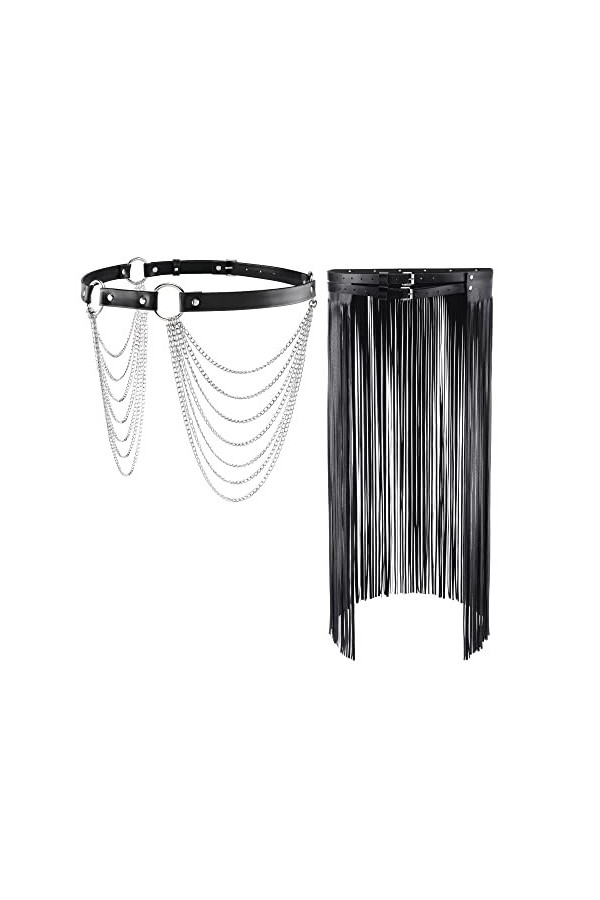CHIC DIARY Ceinture à franges noire punk longue jupe + ceinture hip-hop avec chaîne gothique pour robe jean