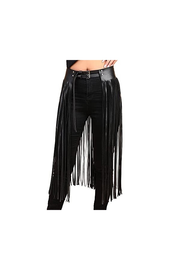 CHIC DIARY Ceinture à franges noire punk longue jupe + ceinture hip-hop avec chaîne gothique pour robe jean