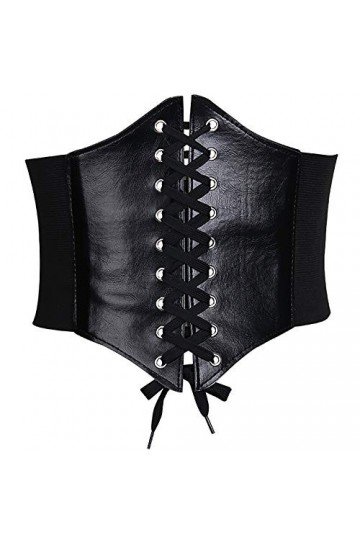 Glamorstar Ceinture large élastique en cuir à lacets pour femme - noir - M:taille 27/30"