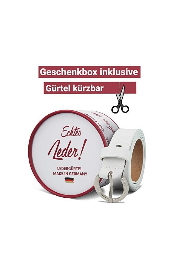Cartvelli Ceinture en cuir pour femme - 2,5 cm - Avec boîte cadeau - Fabriquée en Allemagne - Fermoir argenté - Blanc - X-Lar