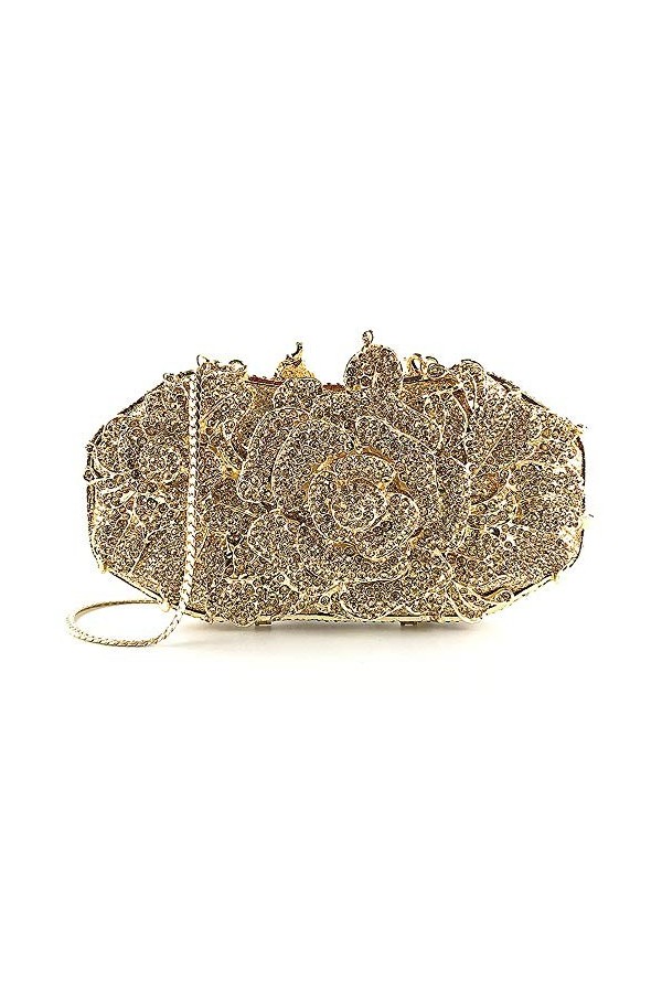 GALSOR Sac de fête pour femme - Pochette à fleurs - Sac de soirée - Sac à main avec chaîne - Sac de banquet, doré, 18x6.5x9cm