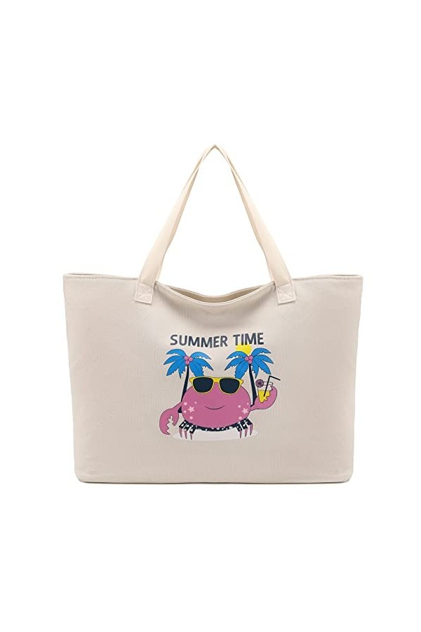 JANSBEN sac de plage XXL femme grand sac toile sac bandoulière avec fermeture éclair Crabe 