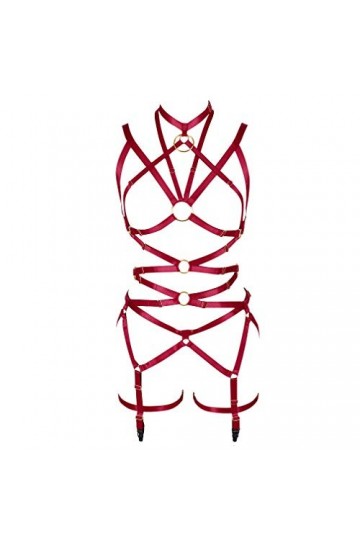 BANSSGOTH Ensemble de lingerie pour femme avec harnais et soutien-gorge, porte-jarretelles et sangle de poitrine, rouge vin, 