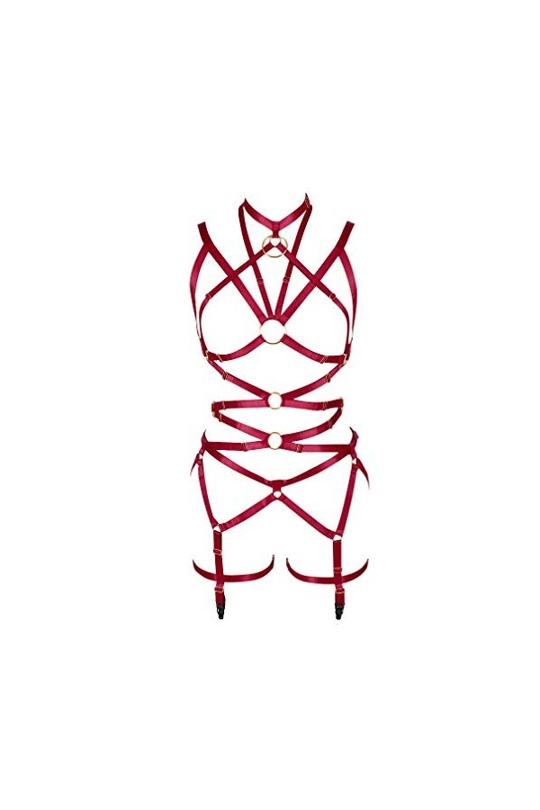 BANSSGOTH Ensemble de lingerie pour femme avec harnais et soutien-gorge, porte-jarretelles et sangle de poitrine, rouge vin, 