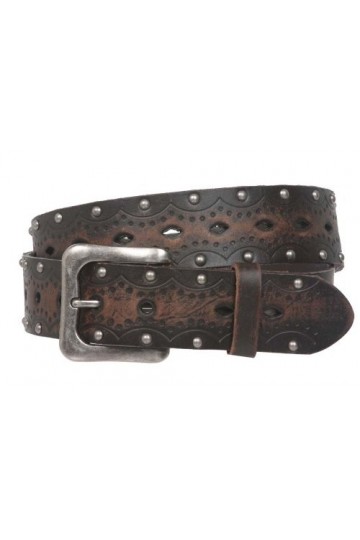 Ceinture Jean en cuir massif perforé clouté avec embossé 1 1/2 po - Marron - 127 cm