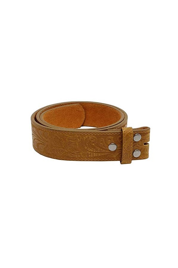 BC Belts Sangle de ceinture en cuir avec volutes Western en relief 3,8 cm de large avec boutons-pression, beige chaud, X-Smal