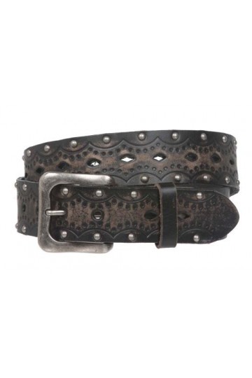 Ceinture de jean en cuir massif estampé vintage clouté 3,8 cm - Noir - 127 cm
