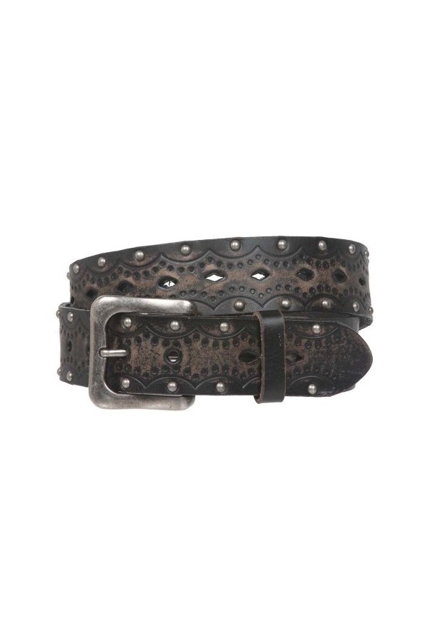 Ceinture de jean en cuir massif estampé vintage clouté 3,8 cm - Noir - 127 cm