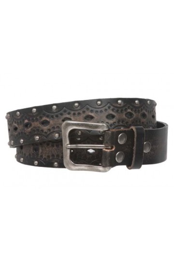 Ceinture de jean en cuir massif estampé vintage clouté 3,8 cm - Noir - 127 cm
