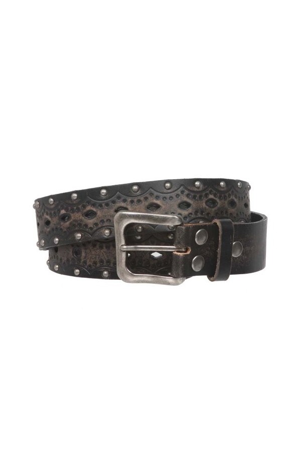 Ceinture de jean en cuir massif estampé vintage clouté 3,8 cm - Noir - 127 cm
