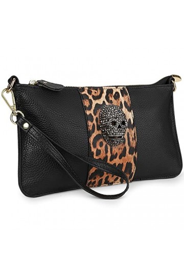 YALUXE Sac Pochette Femme Cuir Bandouliere Clutches avec Dragonne Grand Capacité Crâne Noir