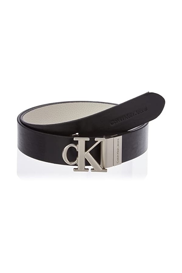 Calvin Klein Jeans Ceinture Femme Round Mono Plaque Rev Belt 3&nbsp;cm en Cuir, Black / Pink Blush, 65 cm