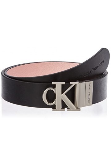Calvin Klein Jeans Ceinture Femme Round Mono Plaque Rev Belt 3&nbsp;cm en Cuir, Black / Pink Blush, 65 cm