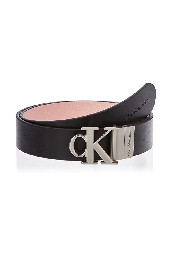 Calvin Klein Jeans Ceinture Femme Round Mono Plaque Rev Belt 3&nbsp;cm en Cuir, Black / Pink Blush, 65 cm