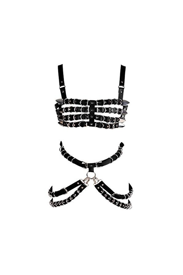 Harnais de poitrine en cuir pour femme - Ceinture ajourée - Chaîne en métal punk - Pompon gothique - Pour festival, fête, rav