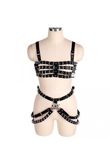 Harnais de poitrine en cuir pour femme - Ceinture ajourée - Chaîne en métal punk - Pompon gothique - Pour festival, fête, rav