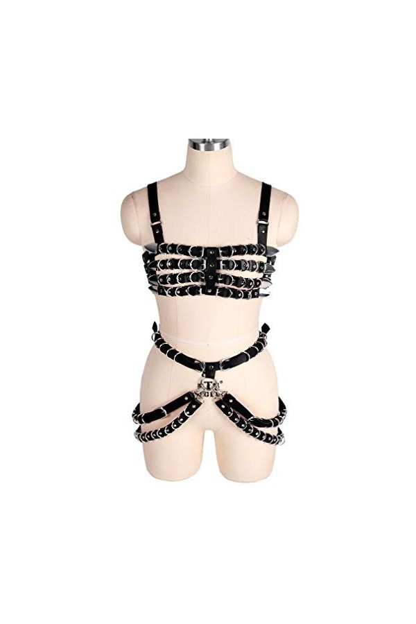Harnais de poitrine en cuir pour femme - Ceinture ajourée - Chaîne en métal punk - Pompon gothique - Pour festival, fête, rav