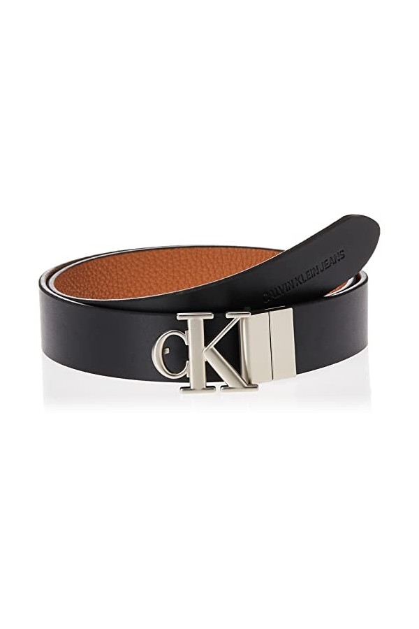 Calvin Klein Mono Hardware Rev Plq Rond 30 mm Ceinture, Black/Cuoio, 90 cm Femme