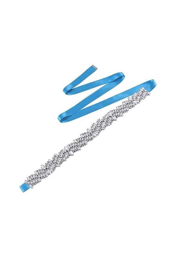 Pulcykp Ceinture de mariée en satin avec strass pour robe de mariée et accessoires de robe, Blue Ribbon, taille unique