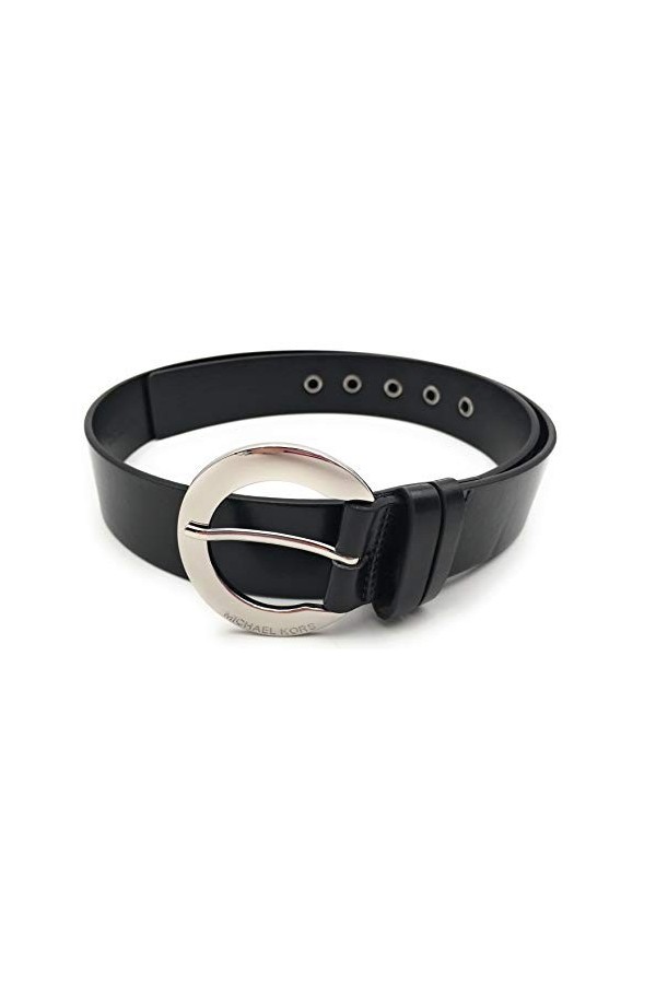 Michael Kors 1853 Womens Belt, Black, Size M Length 105 cm Width: 4 cm, Silver Inside, Large Round MK Logo