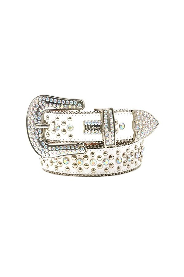 Ceintures blanche à strass pour femmes Ceinture cloutée Bling Mode Street Punk Hip Hop Gothic Cowgirl Hommes Unisex 100-125C