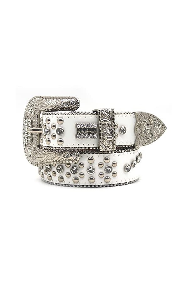 Ceintures blanche à strass pour femmes Ceinture cloutée Bling Mode Street Punk Hip Hop Gothic Cowgirl Hommes Unisex 100-125C