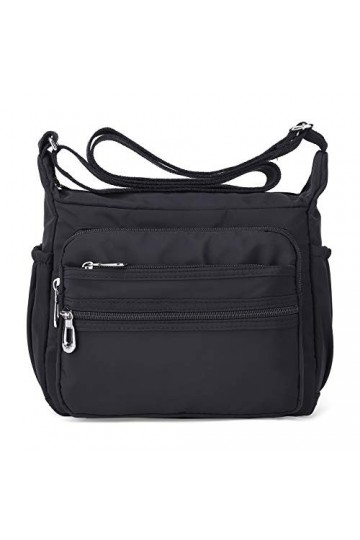NOTAG Sac Bandoulière Femme, Multi-Poches Casual Sac Messenger en Nylon Imperméable Sac à bandoulière L, Noir 