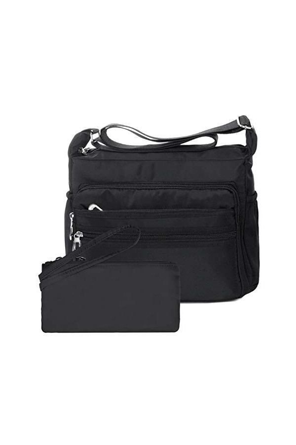 NOTAG Sac Bandouliere Femme, Impermeable Nylon Sac Messenger Multi-Poches Sac à Main avec RFID Portefeuille L, Noir 
