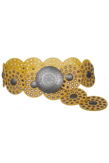 Ceinture en cuir pour femme large à disque boho de 90 mm de large - Jaune - XXX-Large - 54 de bout en bout