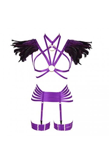 Ensemble de lingerie à plumes pour femme avec porte-jarretelles élastique et soutien-gorge ajouré style punk, gothique, festi