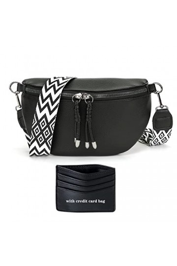 Atgbiem Sac à bandoulière, pour femme, noir, à large sangle, en cuir, sac banane, élégant, a-noir, s