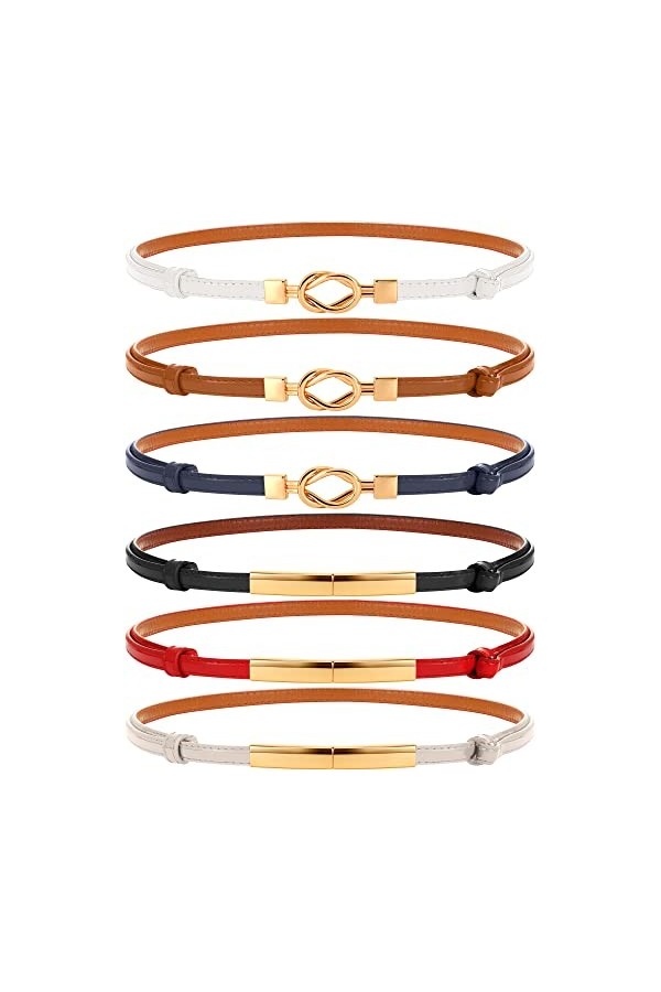 Lot de 6 ceintures fines en cuir réglables pour femme - Style vintage - 1,0 cm de large
