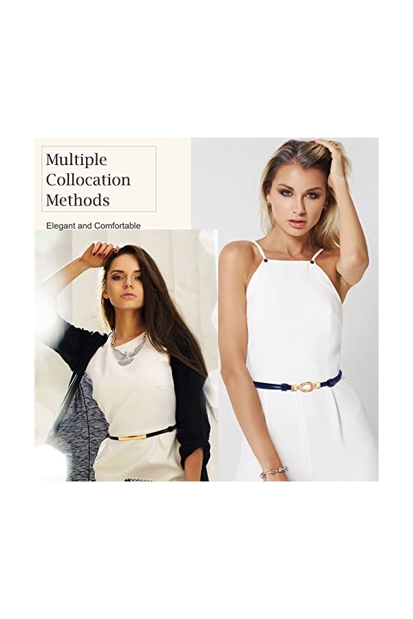 Lot de 6 ceintures fines en cuir réglables pour femme - Style vintage - 1,0 cm de large