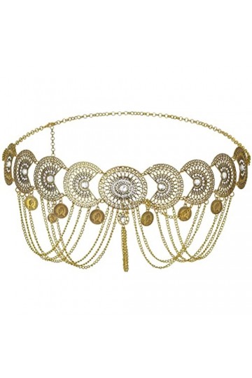 Wriidy Ceinture en métal pour robe, ceinture de taille avec pompons, ceinture réglable pour femmes et filles doré 