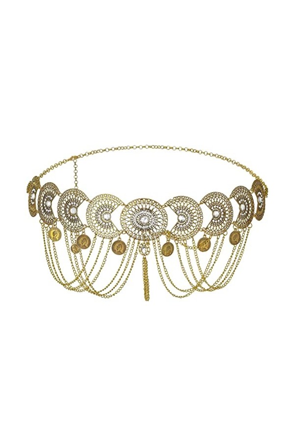 Wriidy Ceinture en métal pour robe, ceinture de taille avec pompons, ceinture réglable pour femmes et filles doré 