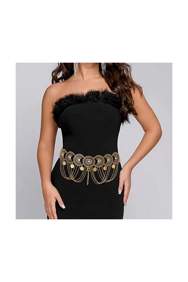 Wriidy Ceinture en métal pour robe, ceinture de taille avec pompons, ceinture réglable pour femmes et filles doré 