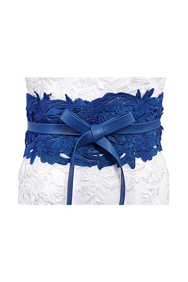 Lovful Ceinture Obi en simili cuir avec dentelle pour femme, bleu, taille unique